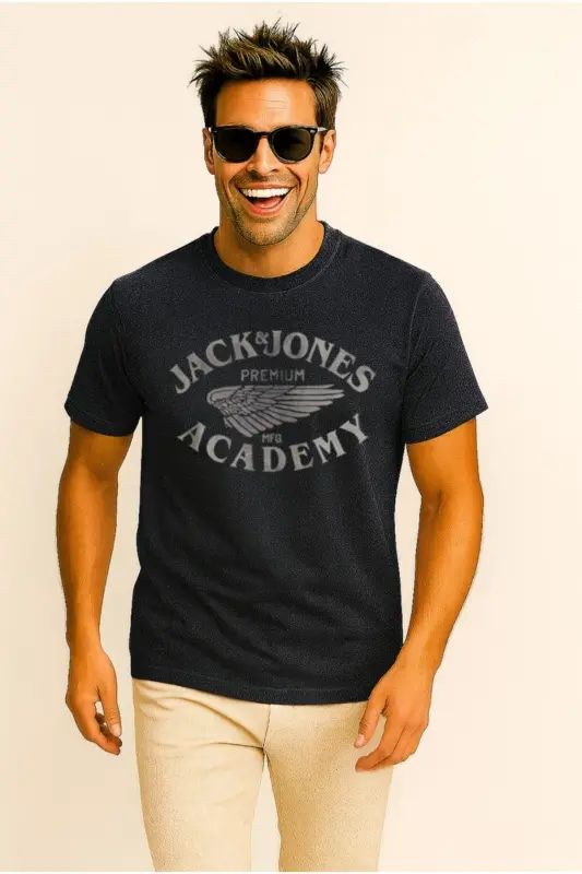 Bisiklet Yaka Logo Baskili Tisört-Lacivert - 6