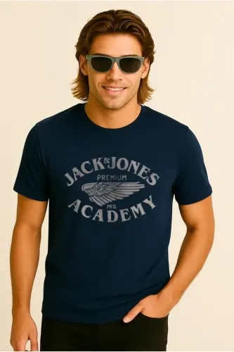 Bisiklet Yaka Logo Baskili Tisört-Lacivert - 7