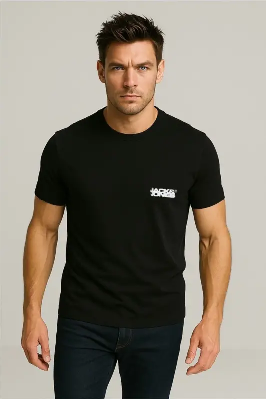 Bisiklet Yaka Logo Baskili Tisört Siyah Black-Black - 1