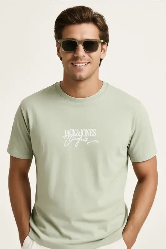 Bisiklet Yaka Logo Baskili Tisört Yeşil Green - Green-Almeira - Jack & Jones