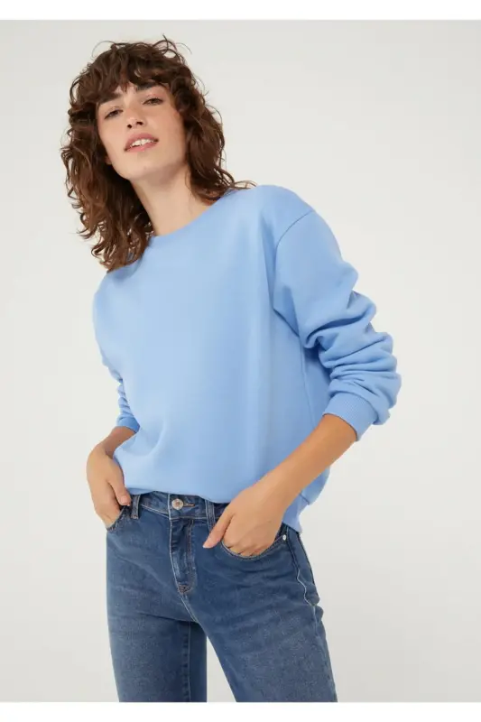 Bisiklet Yaka Mavi Basic Sweatshirt 1610198-444-Mavi - 1