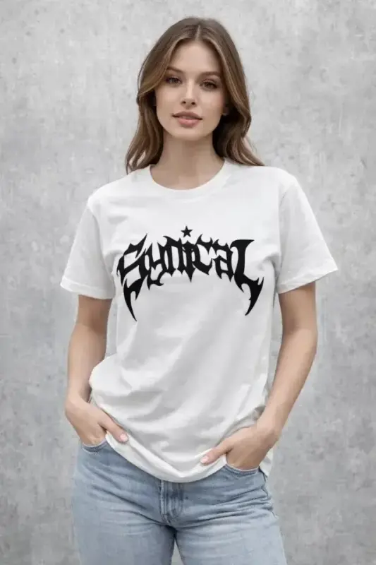 Bisiklet Yaka Ön Baskılı Kısa Kollu Tişört Streetwear Günlük Basic Pamuklu T-shirt - Beyaz - BÜYÜKBEDENIZ