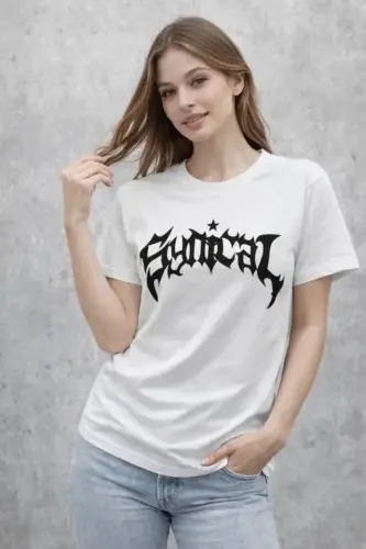 Bisiklet Yaka Ön Baskılı Kısa Kollu Tişört Streetwear Günlük Basic Pamuklu T-shirt - Beyaz - BÜYÜKBEDENIZ (1)