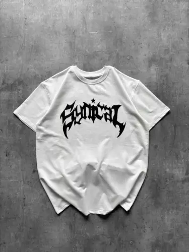 Bisiklet Yaka Ön Baskılı Kısa Kollu Tişört Streetwear Günlük Basic Pamuklu T-shirt - Beyaz - 4