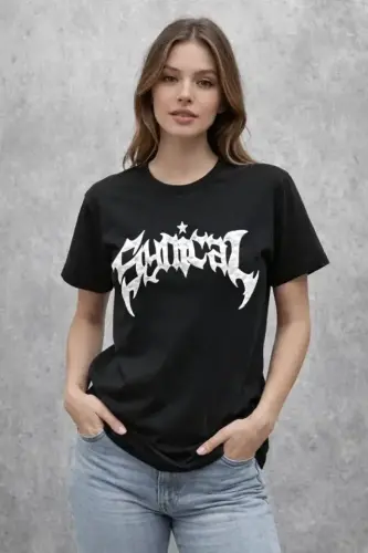 Bisiklet Yaka Ön Baskılı Kısa Kollu Tişört Streetwear Günlük Basic Pamuklu T-shirt - Siyah - 3