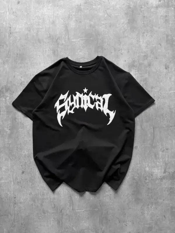 Bisiklet Yaka Ön Baskılı Kısa Kollu Tişört Streetwear Günlük Basic Pamuklu T-shirt - Siyah - 4