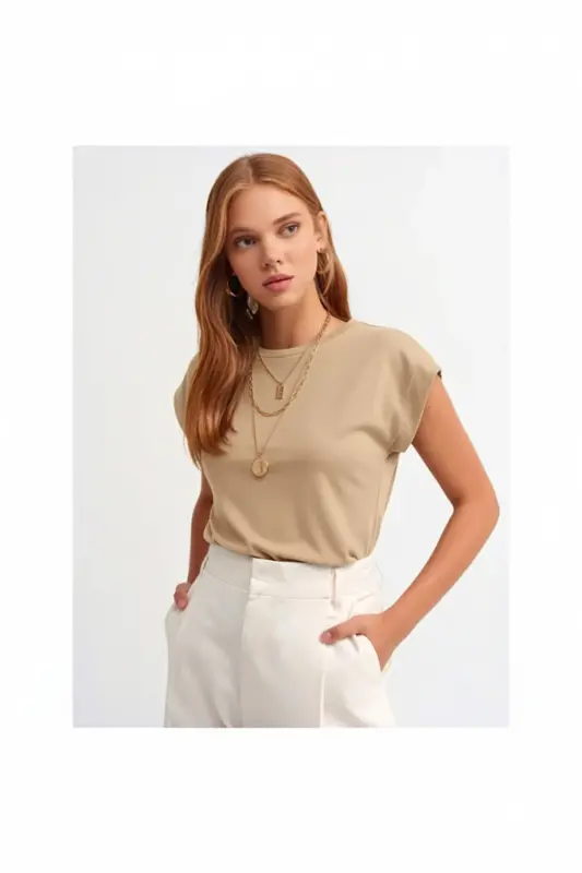 Bisiklet Yaka Penye T-shirt-BEIGE-belge - DILVIN