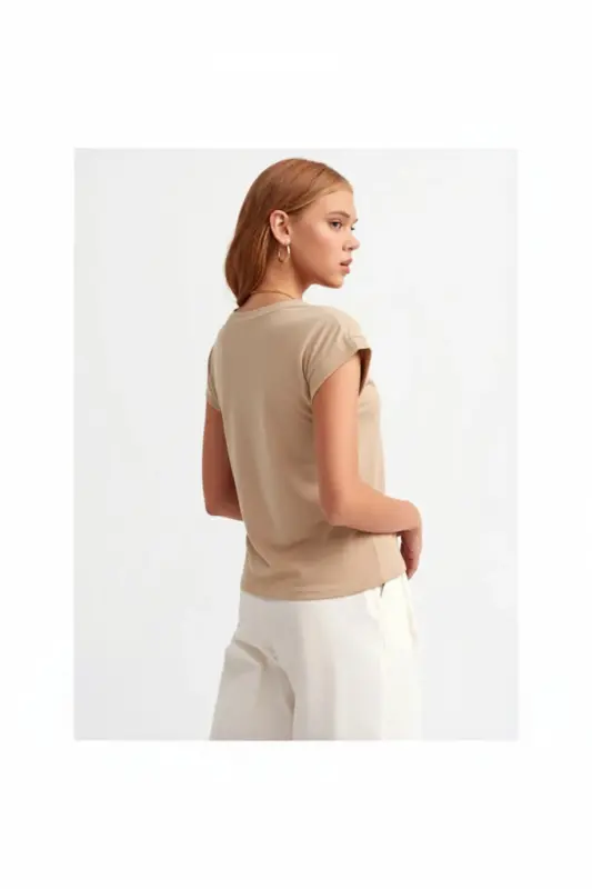 Bisiklet Yaka Penye T-shirt-BEIGE-belge - 3
