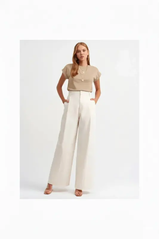 Bisiklet Yaka Penye T-shirt-BEIGE-belge - 4