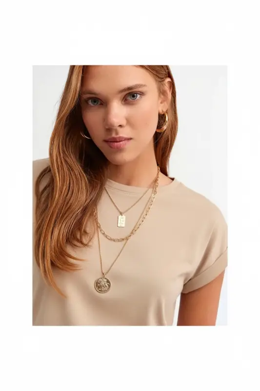 Bisiklet Yaka Penye T-shirt-BEIGE-belge - 2