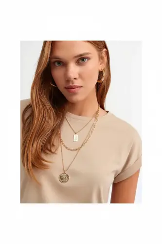 Bisiklet Yaka Penye T-shirt-BEIGE - belge - 2