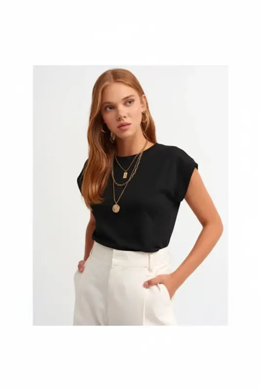 Bisiklet Yaka Penye T-shirt-BLACKK-BLACK - DILVIN