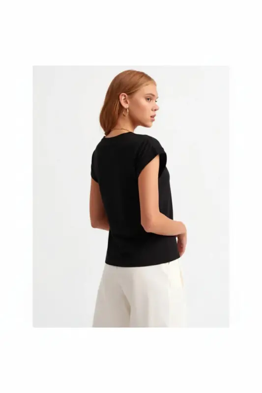Bisiklet Yaka Penye T-shirt-BLACKK - BLACK - 4