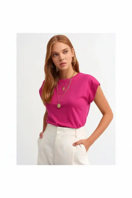 Bisiklet Yaka Penye T-shirt-Fushia-fushia - 1