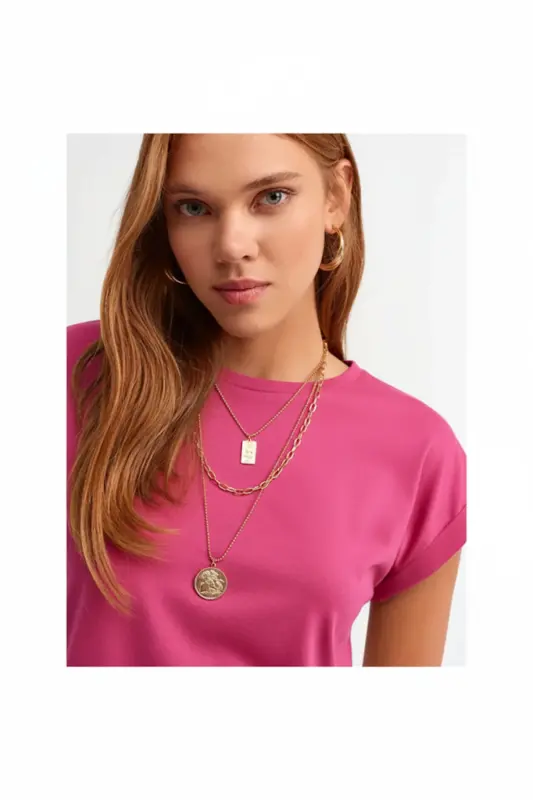 Bisiklet Yaka Penye T-shirt-Fushia-fushia - 2