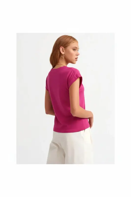 Bisiklet Yaka Penye T-shirt-Fushia-fushia - 4