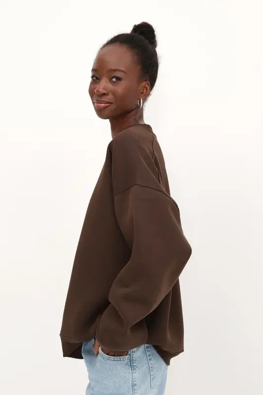 Bisiklet Yaka Şardonlu Basic Sweatshirt S3408-K11 - Koyu Kahve - 2