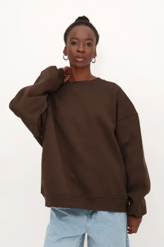 Bisiklet Yaka Şardonlu Basic Sweatshirt S3408-K11 - Koyu Kahve - 5