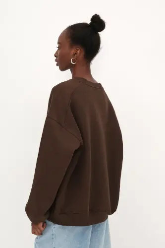 Bisiklet Yaka Şardonlu Basic Sweatshirt S3408-K11 - Koyu Kahve - 6