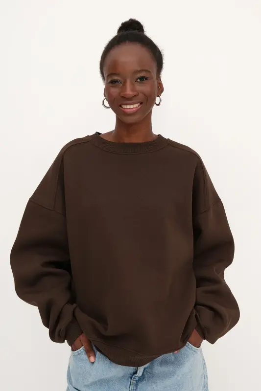 Bisiklet Yaka Şardonlu Basic Sweatshirt S3408-K11 - Koyu Kahve - ADDAX