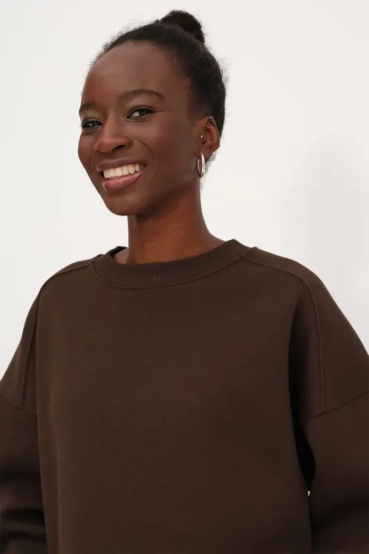 Bisiklet Yaka Şardonlu Basic Sweatshirt S3408-K11-Koyu Kahve - 4