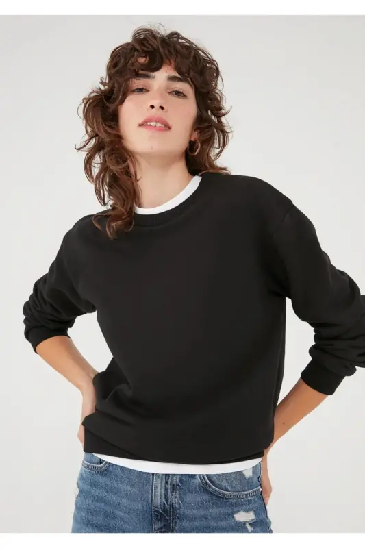 Bisiklet Yaka Siyah Basic Sweatshirt 1610198-447-Siyah - 2