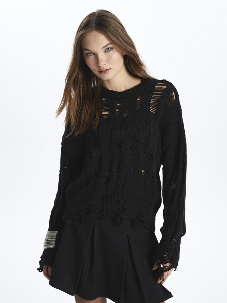 Siyah Bisiklet Yaka Sökük Detaylı Triko Kazak - Sicilya-Siyah - 3