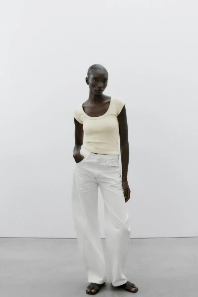 BİSİKLET YAKA T-SHIRT-Tereyağı - MODAZONE