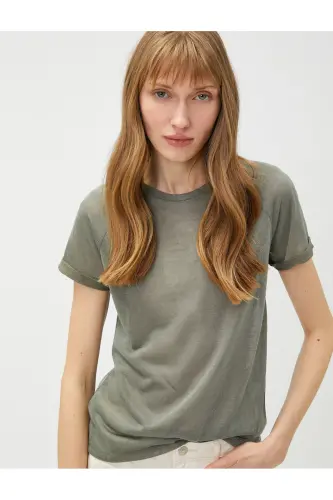 Bisiklet Yaka Tişört Reglan Kol-Haki - KOTON (1)