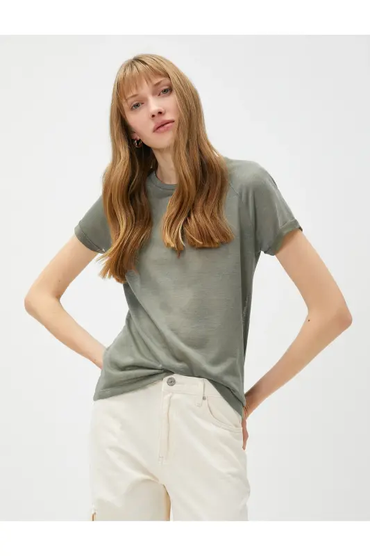 Bisiklet Yaka Tişört Reglan Kol-Haki - 1