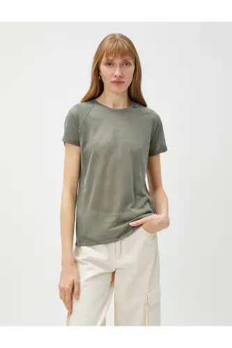 Bisiklet Yaka Tişört Reglan Kol-Haki - 3