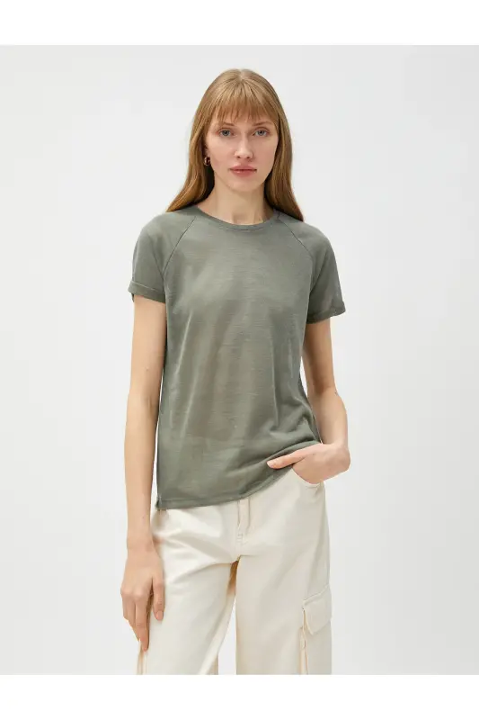 Bisiklet Yaka Tişört Reglan Kol-Haki - 3