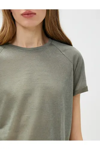 Bisiklet Yaka Tişört Reglan Kol-Haki - 5