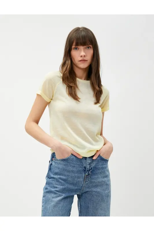 Bisiklet Yaka Tişört Reglan Kol-Sarı - 1