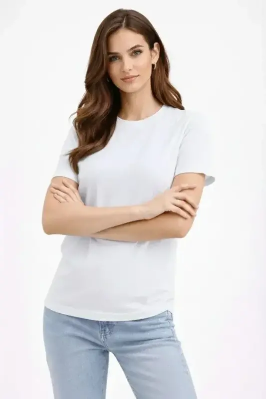 Bisiklet Yaka Tişört Regular Kalıp Basic Pamuklu Günlük Kullanım T-shirt - Beyaz - BÜYÜKBEDENIZ