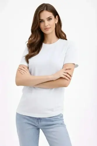 Bisiklet Yaka Tişört Regular Kalıp Basic Pamuklu Günlük Kullanım T-shirt - Beyaz - 1