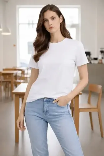 Bisiklet Yaka Tişört Regular Kalıp Basic Pamuklu Günlük Kullanım T-shirt - Beyaz - 4