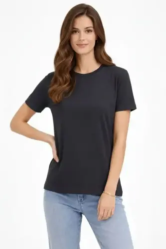 Bisiklet Yaka Tişört Regular Kalıp Basic Pamuklu Günlük Kullanım T-shirt - Füme - BÜYÜKBEDENIZ (1)