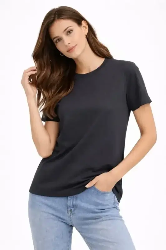 Bisiklet Yaka Tişört Regular Kalıp Basic Pamuklu Günlük Kullanım T-shirt - Füme - BÜYÜKBEDENIZ