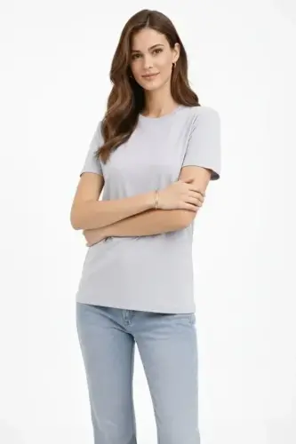 Bisiklet Yaka Tişört Regular Kalıp Basic Pamuklu Günlük Kullanım T-shirt - Gri - 1