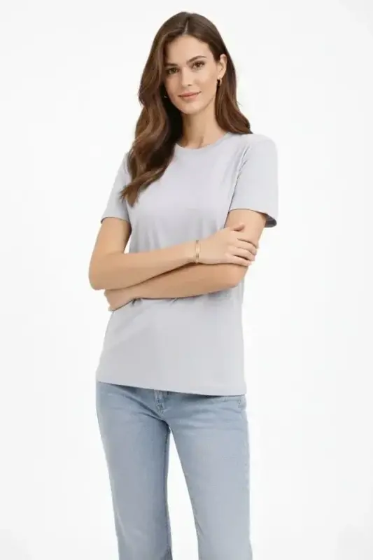 Bisiklet Yaka Tişört Regular Kalıp Basic Pamuklu Günlük Kullanım T-shirt - Gri - BÜYÜKBEDENIZ
