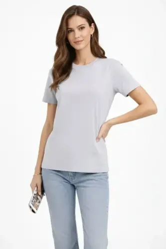 Bisiklet Yaka Tişört Regular Kalıp Basic Pamuklu Günlük Kullanım T-shirt - Gri - BÜYÜKBEDENIZ (1)