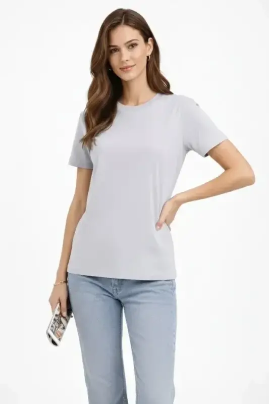 Bisiklet Yaka Tişört Regular Kalıp Basic Pamuklu Günlük Kullanım T-shirt - Gri - 2