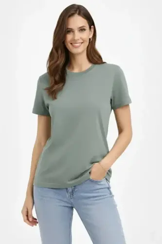 Bisiklet Yaka Tişört Regular Kalıp Basic Pamuklu Günlük Kullanım T-shirt - Mint Yeşili - 3