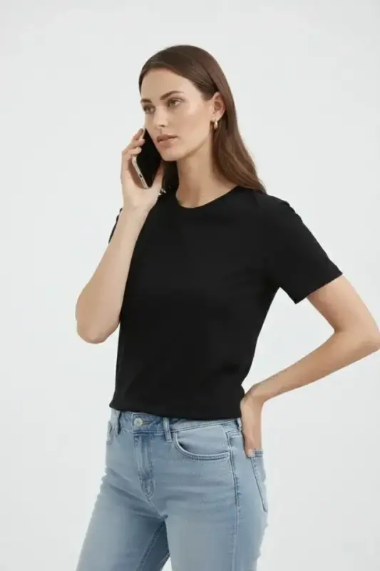 Bisiklet Yaka Tişört Regular Kalıp Basic Pamuklu Günlük Kullanım T-shirt - Siyah - 2