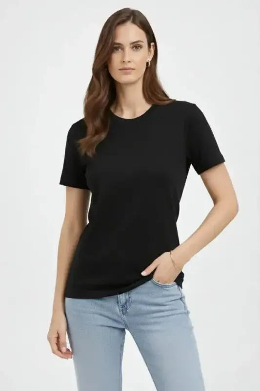 Bisiklet Yaka Tişört Regular Kalıp Basic Pamuklu Günlük Kullanım T-shirt - Siyah - BÜYÜKBEDENIZ