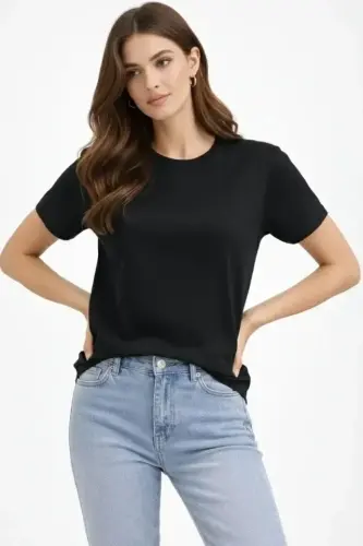 Bisiklet Yaka Tişört Regular Kalıp Basic Pamuklu Günlük Kullanım T-shirt - Siyah - 3
