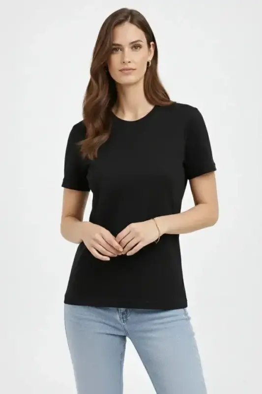 Bisiklet Yaka Tişört Regular Kalıp Basic Pamuklu Günlük Kullanım T-shirt - Siyah - 4