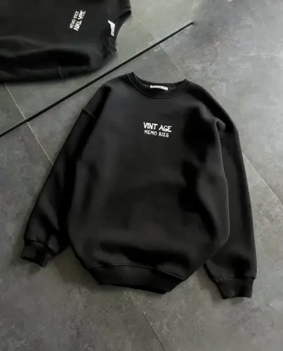 Bisiklet Yaka Üç İplik Baskılı Oversize SweatShirt - Siyah - BÜYÜKBEDENIZ (1)
