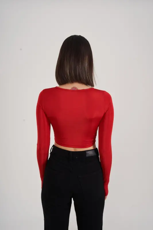 Bisiklet Yaka Uzun Kol Göğüs Detaylı Crop Frank Bluz Kırmızı - Kırmızı - 3
